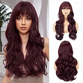 abordables Perruques Synthétiques Sans Bonnet-Perruque ondulée longue marron moyen avec frange pour femme 26 pouces d&#039;aspect naturel en fibre synthétique résistante à la chaleur de remplacement de cheveux d&#039;aspect naturel perruque longue ondulée