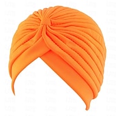 abordables Musulmán árabe-Sombreros turbantes suaves con nudo preanudado moda plisada gorro de quimioterapia diadema para dormir de color sólido naranja para mujeres Día de Reyes casual diario