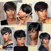 cheap Human Hair Capless Wigs-Short Bob Wigs for Black Women Human Hair Wig Ombre Pixie Cut Wig with Bangs Layered  Wig Full None Lace Machine Made Wig