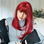 baratos Perucas Sintéticas sem Touca-Peruca sintética feminina de 26 polegadas, cor gradiente, cabelo longo e liso vermelho com franja, moda diária, festa, cosplay
