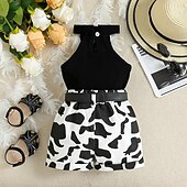 billiga Set-Flickor 3D Ensfärgat Leopardtryck Linne och shorts Svart Ärmlös Sommar Ledigt Småbarn 1-3 år gammal Utomhus Lös passning