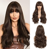 abordables Perruques Synthétiques Sans Bonnet-Perruque ondulée longue marron moyen avec frange pour femme 26 pouces d&#039;aspect naturel en fibre synthétique résistante à la chaleur de remplacement de cheveux d&#039;aspect naturel perruque longue ondulée