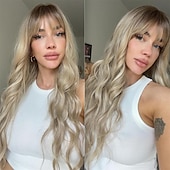 abordables Perruques Synthétiques Sans Bonnet-Perruques blondes sales ombrées avec frange blonde longue perruque ondulée pour femmes perruque de cheveux synthétiques bouclés longs pour usage quotidien de fête 24 pouces