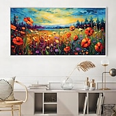 preiswerte Blumen-/Botanische Gemälde-Ölgemälde, handgemaltes Mohnfeld-Gemälde, Kunstwerk, handgefertigtes Wildblumen-Ölgemälde, Landschaft, rote Mohnblumen, Ölgemälde für Wohnzimmer, Schlafzimmer, Hotelwand, Heimdekoration