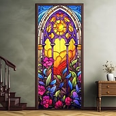 billige Dørdeksler-farget glass mandala dørdeksler veggmaleri dekor dør billedvev dør gardin dekorasjon bakteppe dør banner avtakbar for inngangsdør innendørs utendørs hjemme rom dekorasjon gårdshus dekor forsyninger