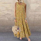 economico Abiti Floreali Stampati-abito lungo da donna senza maniche scollo rotondo stampa floreale vita impero svolazzante estivo casual abbigliamento da spiaggia multicolore taglia unica