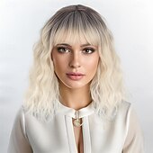 billige Syntetiske trendy parykker-kort ombre blond parykk med smell skulderlengde krøllete bob parykk for kvinner naturlig utseende syntetisk krøllet blond bob parykk for fest og daglig bruk