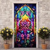 billige Dørdeksler-farget glass mandala dørdeksler veggmaleri dekor dør billedvev dør gardin dekorasjon bakteppe dør banner avtakbar for inngangsdør innendørs utendørs hjemme rom dekorasjon gårdshus dekor forsyninger