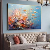 cheap Animal Paintings-Hand painted Abstract Swimming Fishes Oil Painting on Canvas Extra Large Handmade Wall Art  Blue Ocean Art painting Custom Painting Minimalist artwork for Living Room Decor