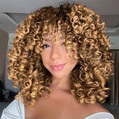 economico Parrucche da festa-Parrucche Corte Ricce per Donne Nere - Ombre Marrone Colorato Afro Parrucche Sintetiche Ricce con Frangia Parrucche di Halloween