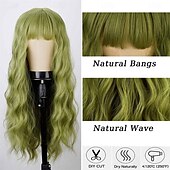 cheap Costume Wigs-Green Wig with Bangs Soft Long Wavy Wigs for Women Curly Synthetic Fiber Wig Replacement Halloween Costumes Cosplay Party Wigs St.Patrick&#039;s Day Wigs