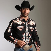 abordables chemises western pour hommes-Homme Géométrie Chemise Western Chemise de cow-boy manche longue Rétro Vintage style occidental Usage quotidien Sortie Fin de semaine Printemps Col rabattu Poche Imprimer Bouton bas Noir bleu marine