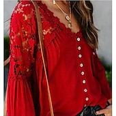 cheap Basic Women&#039;s Tops-Shirt Boho Shirt Lace Shirt Blouse Women&#039;s Black White Pink Solid Color Lace Button Street Daily Fashion V Neck S
