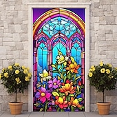 billige Dørdeksler-farget glass mandala dørdeksler veggmaleri dekor dør billedvev dør gardin dekorasjon bakteppe dør banner avtakbar for inngangsdør innendørs utendørs hjemme rom dekorasjon gårdshus dekor forsyninger