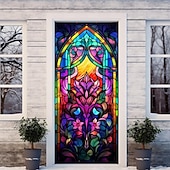billige Dørdeksler-farget glass mandala dørdeksler veggmaleri dekor dør billedvev dør gardin dekorasjon bakteppe dør banner avtakbar for inngangsdør innendørs utendørs hjemme rom dekorasjon gårdshus dekor forsyninger