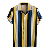 cheap Men&#039;s Button Up Shirts-Men&#039;s Summer Shirt Casual Shirt Bowling Shirt Button Up Shirt Yellow Red Blue Green Short Sleeve Color Block Stripes Turndown Vacation Hawaiian Patchwork Clothing Apparel Polyester Fashion Casual