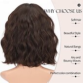 economico Parrucche trendy sintetiche-parrucche marrone scuro per le donne parrucca bob corta ondulata con frangia per le donne parrucche sintetiche a onde corte ricce parrucche per capelli in fibra resistente al calore per tutti i giorni