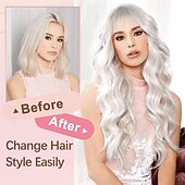 economico Parrucche trendy sintetiche-parrucche bianche con frangia per le donne parrucca sintetica ondulata lunga parrucca colorata parrucche resistenti al calore per feste cosplay