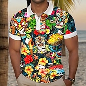 preiswerte Hawaii-Poloshirt für Herren-Kentucky Derby Herren Tiki Golfshirt Kurzarm Polo-Shirts Hemden mit Kragen Lässig Strandbekleidung Urlaubskleidung Tropenkleidung Party-Outfits Knöpfe 3D-Druck Sommer Gelb Rosa Purpur
