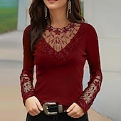 cheap Plain tee-Women&#039;s T Shirt Burgundy Tee Mesh Patchwork Top Lace T-shirt Floral Elegant Vintage Fashion Long Sleeve Round Neck Regular Tops Casual Weekend Lace Patchwork Black Wine Navy Blue Fall &amp; Winter