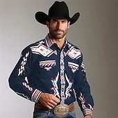 abordables chemises western pour hommes-Homme Géométrie Chemise Western Chemise de cow-boy manche longue Rétro Vintage style occidental Usage quotidien Sortie Fin de semaine Printemps Col rabattu Poche Imprimer Bouton bas Noir bleu marine