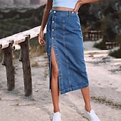 abordables Jupes-Femme Jupe Jupe mi-longue en jean Mode Décontractées Midi Taille haute Jupes Couleur Pleine Pointes fourchues Casual Quotidien Fin de semaine Noir bleu marine Bleu de minuit Eté Jean
