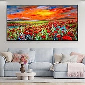 preiswerte Blumen-/Botanische Gemälde-Ölgemälde, handgemaltes Mohnfeld-Gemälde, Kunstwerk, handgefertigtes Wildblumen-Ölgemälde, Landschaft, rote Mohnblumen, Ölgemälde für Wohnzimmer, Schlafzimmer, Hotelwand, Heimdekoration