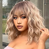 billige Syntetiske trendy parykker-kort ombre blond parykk med smell skulderlengde krøllete bob parykk for kvinner naturlig utseende syntetisk krøllet blond bob parykk for fest og daglig bruk