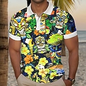 preiswerte Hawaii-Poloshirt für Herren-Kentucky Derby Herren Tiki Golfshirt Kurzarm Polo-Shirts Hemden mit Kragen Lässig Strandbekleidung Urlaubskleidung Tropenkleidung Party-Outfits Knöpfe 3D-Druck Sommer Gelb Rosa Purpur