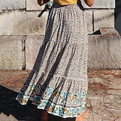 tanie Spódnice graficzne-spódnica damska linia swing bohemia maxi spódnice z wysokim stanem kwiatowy wzór kwiatowy wakacje wakacje lato casual boho morela czerwony