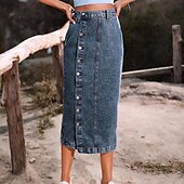 abordables Jupes-Femme Jupe Jupe mi-longue en jean Mode Décontractées Midi Taille haute Jupes Couleur Pleine Pointes fourchues Casual Quotidien Fin de semaine Noir bleu marine Bleu de minuit Eté Jean
