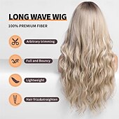 abordables Perruques Synthétiques Sans Bonnet-Perruques blondes sales ombrées avec frange blonde longue perruque ondulée pour femmes perruque de cheveux synthétiques bouclés longs pour usage quotidien de fête 24 pouces