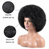 baratos Perucas de festa-Peruca Afro Peruca Afro dos anos 70 para Mulheres Negras Perucas Cacheadas Kinky com Franjas Peruca Curta e Cacheada Macia e Natural para Uso Diário Festa Perucas de Halloween