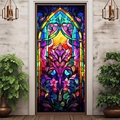 billige Dørdeksler-farget glass mandala dørdeksler veggmaleri dekor dør billedvev dør gardin dekorasjon bakteppe dør banner avtakbar for inngangsdør innendørs utendørs hjemme rom dekorasjon gårdshus dekor forsyninger