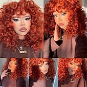 abordables Perruques de fête-perruque bouclée grande perruque bouclée pour femmes blanches et noires perruque afro bouclée longue de 20 pouces avec frange perruques de remplacement de cheveux synthétiques pour cosplay et