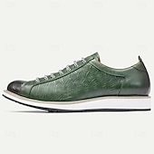 baratos Tênis de couro premium-tênis casuais masculinos de couro bovino premium – design de cadarço com relevo verde e detalhes em preto, confortável e durável