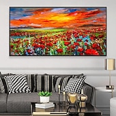 preiswerte Blumen-/Botanische Gemälde-Ölgemälde, handgemaltes Mohnfeld-Gemälde, Kunstwerk, handgefertigtes Wildblumen-Ölgemälde, Landschaft, rote Mohnblumen, Ölgemälde für Wohnzimmer, Schlafzimmer, Hotelwand, Heimdekoration