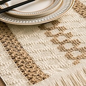 abordables Manteles-Estera de comida de cuerda de cáñamo, estera de vajilla de algodón y lino con forma de diamante geométrico, color tejido a juego, estera para cuenco con borlas de vacaciones, material natural, estilo