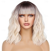 cheap Synthetic Trendy Wigs-Bob Wig With Bangs Short Wavy Blue Wig Women Synthetic Colored Bachelorette Wigs Shoulder Length Party Halloween Christmas Fun Cosplay Wigs