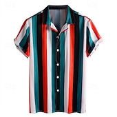 cheap Men&#039;s Button Up Shirts-Men&#039;s Summer Shirt Casual Shirt Bowling Shirt Button Up Shirt Yellow Red Blue Green Short Sleeve Color Block Stripes Turndown Vacation Hawaiian Patchwork Clothing Apparel Polyester Fashion Casual