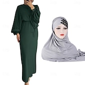 baratos Islâmico Arábico-conjunto com vestido abaya feminino vestido maxi muçulmano árabe com cinto vestido religioso árabe saudita lenços hijab cachecol envoltório headpiece ramadan religioso 2 peças feminino ramadan árabe