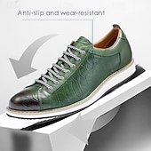 baratos Tênis de couro premium-tênis casuais masculinos de couro bovino premium – design de cadarço com relevo verde e detalhes em preto, confortável e durável