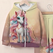 economico Cartone animato 3D della ragazza-Felpa con cappuccio unicorno 3D da ragazza &amp; pantaloni della tuta set manica lunga stampa 3d primavera autunno moda attiva carino poliestere bambini 3-12 anni zip con cappuccio strada esterna