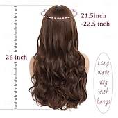 abordables Perruques Synthétiques Sans Bonnet-Perruque ondulée longue marron moyen avec frange pour femme 26 pouces d&#039;aspect naturel en fibre synthétique résistante à la chaleur de remplacement de cheveux d&#039;aspect naturel perruque longue ondulée