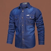 cheap Men&#039;s Denim Shirts-Men&#039;s Shirt Casual Shirt Jeans Shirt Denim Shirt Blue Dark Blue Long Sleeve Plain Turndown Street Daily Front Pocket Clothing Apparel Fashion Casual Comfortable