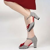 cheap 1950s-Women&#039;s Vintage Gingham Checkered Mary Jane Heels with Red Flower Embellishments – Retro Style Party Shoes