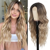economico Parrucche trendy sintetiche-parrucca ondulata lunga marrone per le donne parrucca riccia da 26 pollici con parte centrale fibra proteica premium parrucca sostitutiva dei capelli dall&#039;aspetto naturale per l&#039;uso quotidiano del