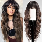 abordables Perruques Synthétiques Sans Bonnet-Perruques blondes sales ombrées avec frange blonde longue perruque ondulée pour femmes perruque de cheveux synthétiques bouclés longs pour usage quotidien de fête 24 pouces