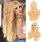 abordables Perruques Synthétiques Sans Bonnet-Perruque ondulée longue marron moyen avec frange pour femme 26 pouces d&#039;aspect naturel en fibre synthétique résistante à la chaleur de remplacement de cheveux d&#039;aspect naturel perruque longue ondulée