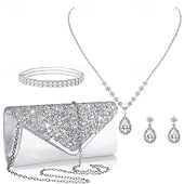 abordables Pour elle-Sac à Main pour Femmes Ensemble de Bijoux en Diamant Aquatique Éclatant Collier Boucles d&#039;Oreilles Bracelet 4 Ensemble Pochette de Mariage Cadeau de Noël